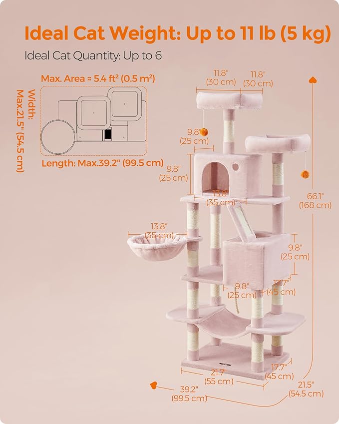 Feandrea Cat Tree, 66.1-Inch Large Cat Tower with 13 Scratching Posts, 2 Perches, 2 Caves, Basket, Hammock, Pompoms, Multi-Level Plush Cat Condo for Indoor Cats, Jelly Pink UPCT165P01-PurrikoPets