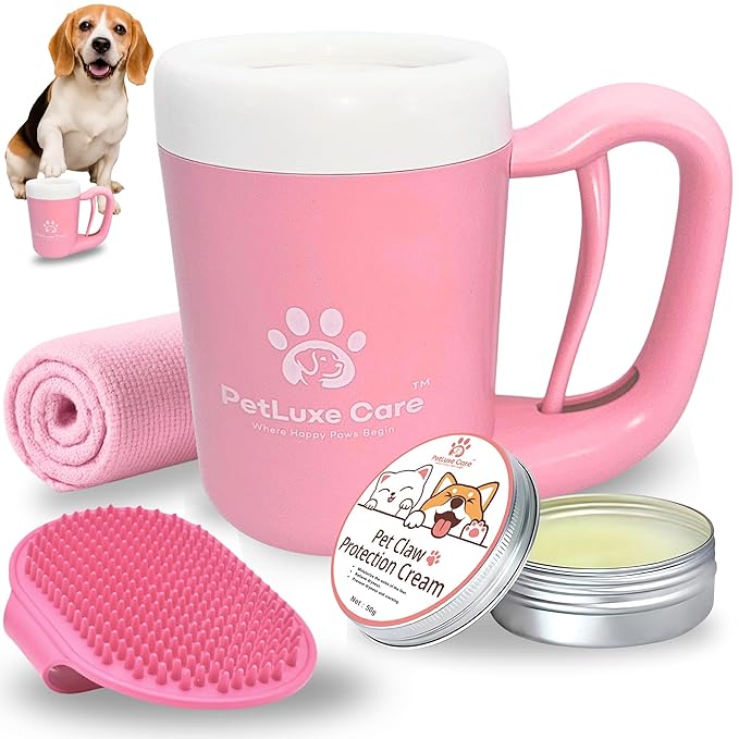 Dog Paw Cleaner for Small & Medium Dogs – Portable Paw Washer Cup with Soft Silicone Brush, Towel & Moisturizing Balm – Gently Cleans Muddy Paws After Walks (Pink, Medium)-PurrikoPets