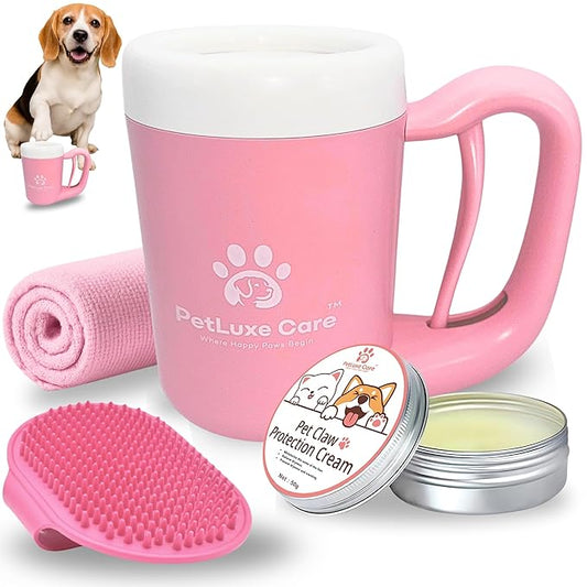Dog Paw Cleaner for Small & Medium Dogs – Portable Paw Washer Cup with Soft Silicone Brush, Towel & Moisturizing Balm – Gently Cleans Muddy Paws After Walks (Pink, Medium)-PurrikoPets