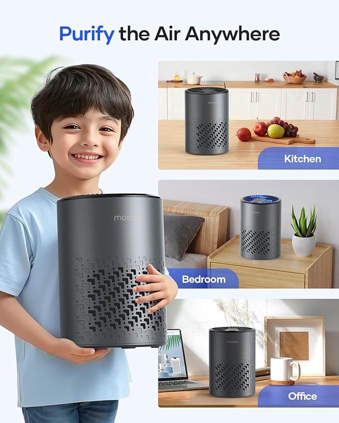 Air Purifiers for Bedroom Home, MOOKA HEPA Air Purifier for Home Pets with Fragrance Sponge for Smoke Dust Pollen Dander Odor, Small Air Purifier with Sleep Mode Night Light Timer, KJ067L, Grey-PurrikoPets