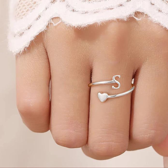 Initial Rings for Women Girls - Valentines Day Gifts for Her, Adjustable Rings for Women Non Tarnish Letter A-Z Dainty Heart Ring Teen Girls Gifts Trendy Stuff Personalized Jewelry Gift