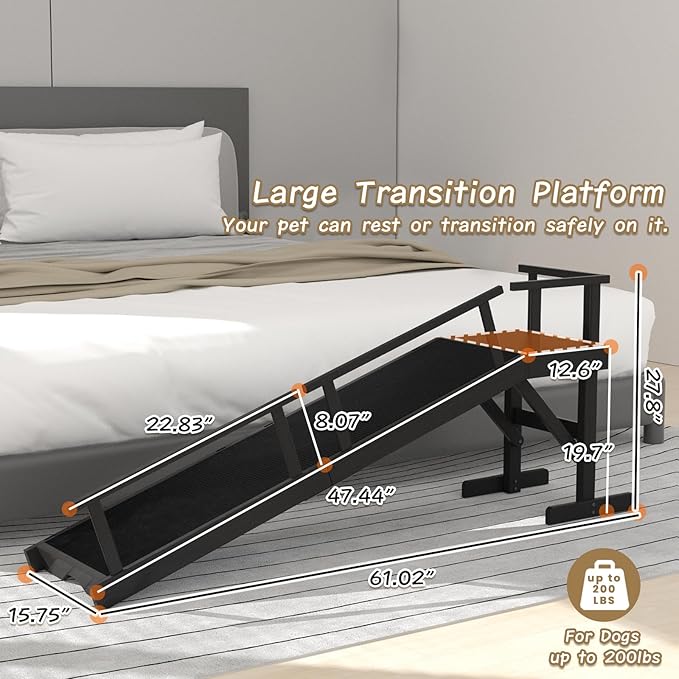 61" Dog Ramp for Bed, Pet Ramp with Removable Side Rail and Non-Slip Surface, Pet Ramp for Small & Large & Senior Dogs with Rest Platform and DIY Glow Strips,Dog Stairs for Couch,Black-PurrikoPets