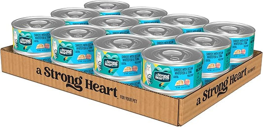 A Strong Heart Canned Wet Cat Food, Shreds with Ocean Whitefish & Tuna - 5.5 oz Cans (Pack of 24), Made in The USA with Real Ocean Whitefish & Tuna-PurrikoPets