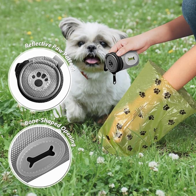 Glow Dog Poop Bag Holder for Leash Doggie Waste Bag Dispenser Puppy Potty Carrier Small Doggy Zipper Pouch with Carabiner Clip 1680D Nylon Oxford with 1 Roll of Pet Trash Bags, Silver-PurrikoPets