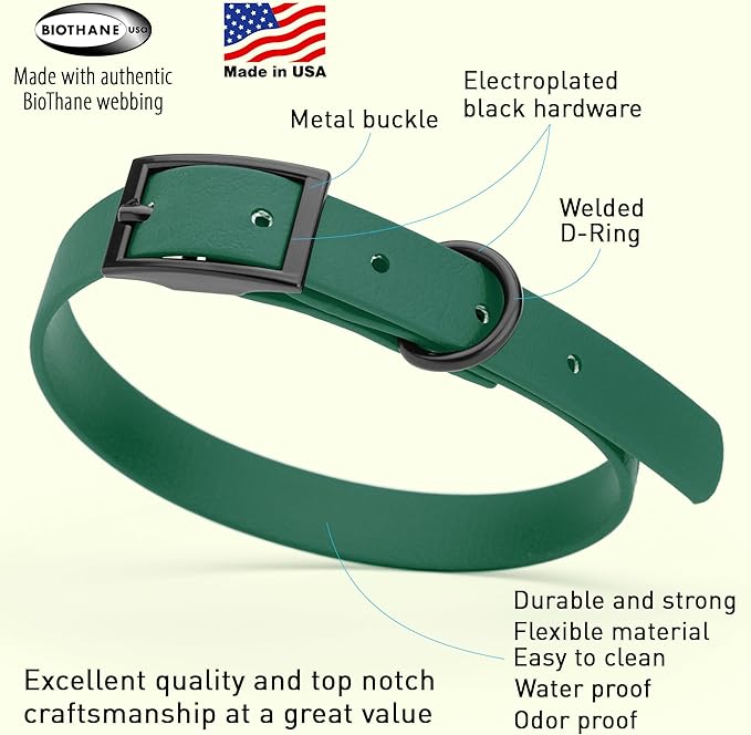 Dogline Biothane Waterproof Dog Collar Strong Coated Nylon Webbing with Black Hardware Odor- Proof for Easy Care Easy to Clean High Performance Fits Small Medium or Large Dogs, Hunter Green-PurrikoPets