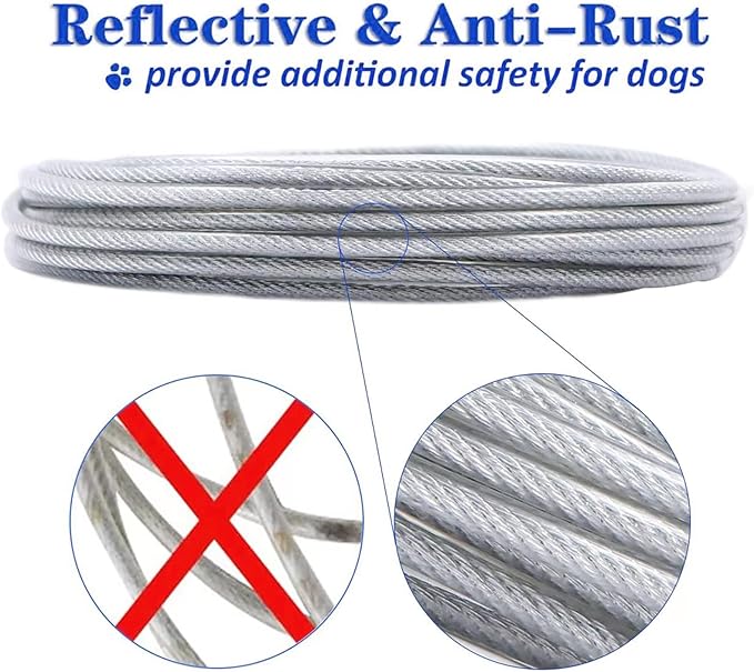 Dog Tie Out Cable for Dogs Outside Up to 125/250lbs,10/20/30/50FT Long Dog Leash&Chains,Small-Large Dogs Runner Cable for Yard,Heavy Duty Lead Line for Outdoor,Camping,Yard(250lbs 50FT, Silver)-PurrikoPets