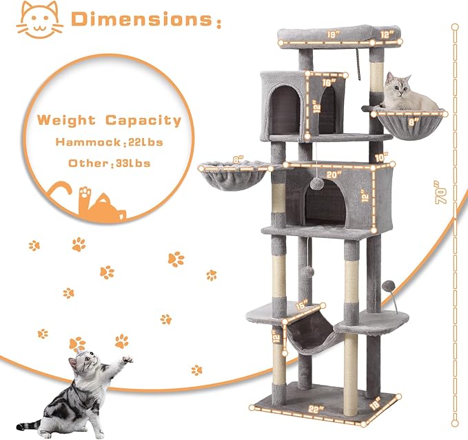 70-Inch Cat Tree,Large Cat Tree Tower with Hammock, Scratching Post, Condo and Multi-Level Cat Tower for Large Cats, Cat Activity Center Playhouse, Light Gray LCT016-PurrikoPets