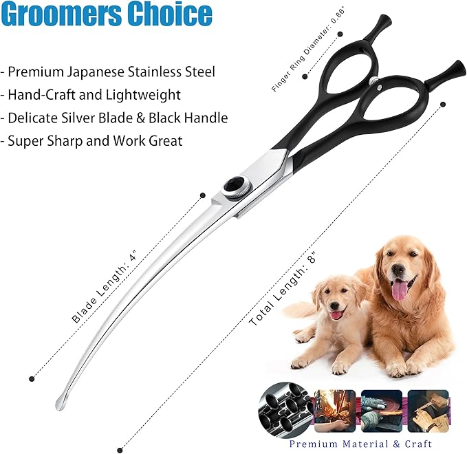 Dragon Creek 8" Downward Curved Dog Grooming Scissors Shears for Grooming Face and Paws Safety Round Tips Shears Trimming Cutting Scissors for Dog Cat Pet Black-PurrikoPets