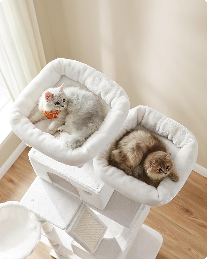 Feandrea Cat Tree, 81.1-Inch Large Cat Tower with 13 Scratching Posts, 2 Perches, 2 Caves, Basket, Hammock, Pompoms, Multi-Level Plush Cat Condo for Indoor Cats, Cream White UPCT190T01-PurrikoPets
