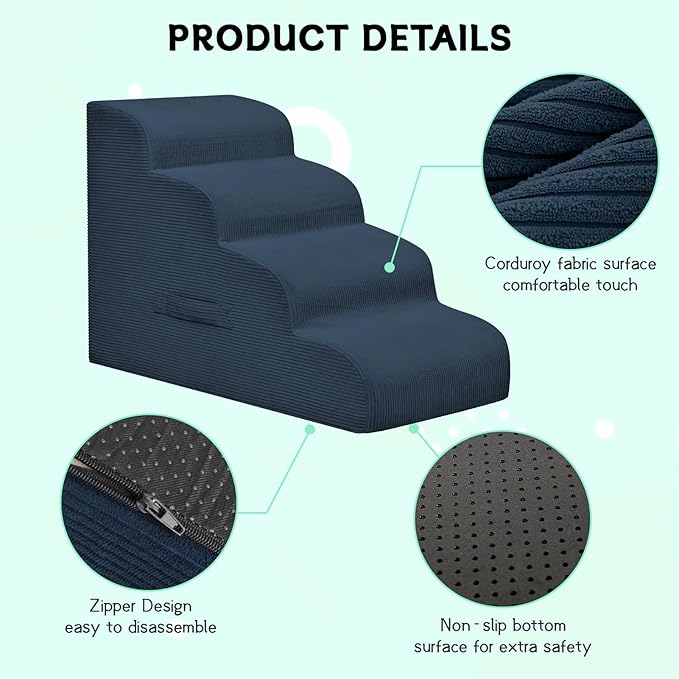 Dog Steps for Small Dogs, 3-Step Pet Ramp Stairs for High Beds and Sofa, Non-Slip Pet Stairs for Small Dogs and Cats, Removable and Easy to Clean Cover, Navy-PurrikoPets