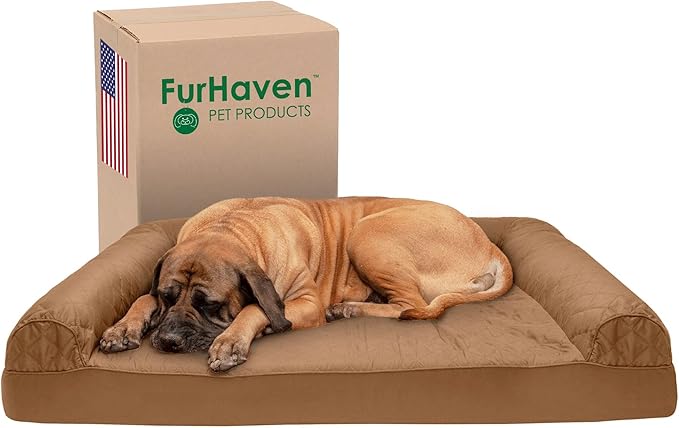 Furhaven Cooling Gel Dog Bed for Large Dogs w/ Removable Bolsters & Washable Cover, For Dogs Up to 125 lbs - Quilted Sofa - Toasted Brown, Jumbo Plus/XXL-PurrikoPets