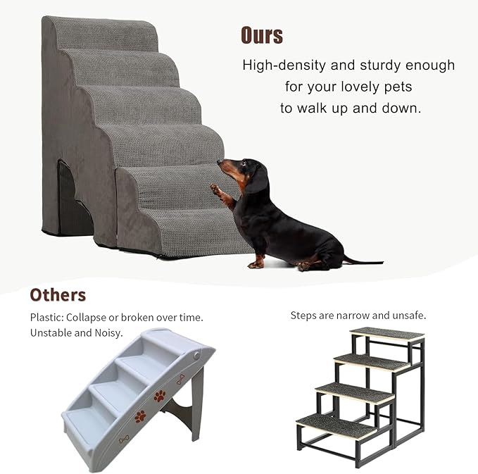 Dog Stairs for High Beds 25-30 inches Tall, 6-Step Dog Steps for High Bed for Doggies/Kitties, 30D Foam Pet Stairs Steps for Small Dogs, Dog Ramp/Ladder for Old Dogs/Cats, Grey-PurrikoPets