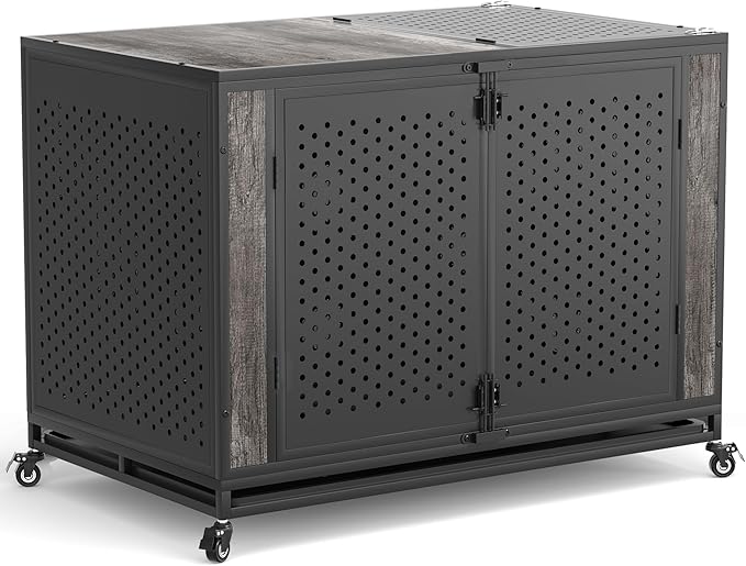 48" Heavy Duty Dog Crate Furniture for Extra Large Dogs, Enclosed Design with 0.5 inch Holes, Indestructible Metal Kennel for High Anxiety Dogs, Chew Proof Pet House Cage Indoor, Gray-PurrikoPets