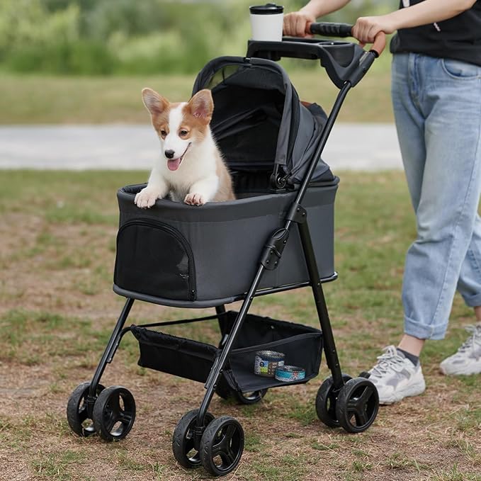3 in 1 Pet Stroller with Removable Carrier, Folding Stroller for Small/Medium Dogs and Cats, Waterproof, All-Terrain, with Sun Shades, Car Seat-PurrikoPets