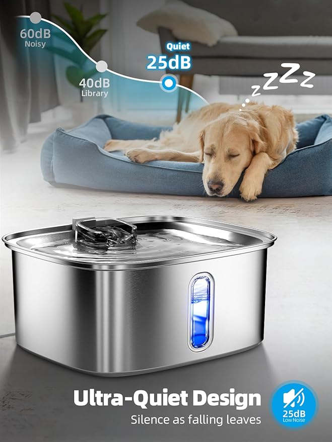 Dog Water Fountain for Large Dogs, 9L/2.4Gal Stainless Steel Dog Fountain with Water Level Window & Filtration, Automatic Pet Water Bowl Dispenser Indoor, Super Quiet for Multi-Pet-PurrikoPets