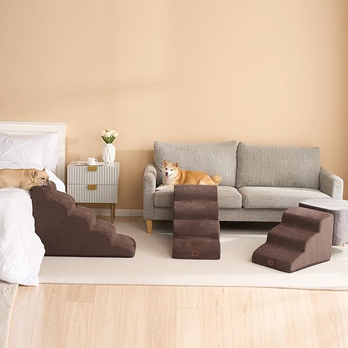 EHEYCIGA Curved Dog Stairs Ramp for Small Dogs 15.7" H, 3-Step Dog Steps for Couch Sofa and Chair, Pet Stairs for Cats, Non-Slip Balanced Pet Steps Indoor, Brown-PurrikoPets