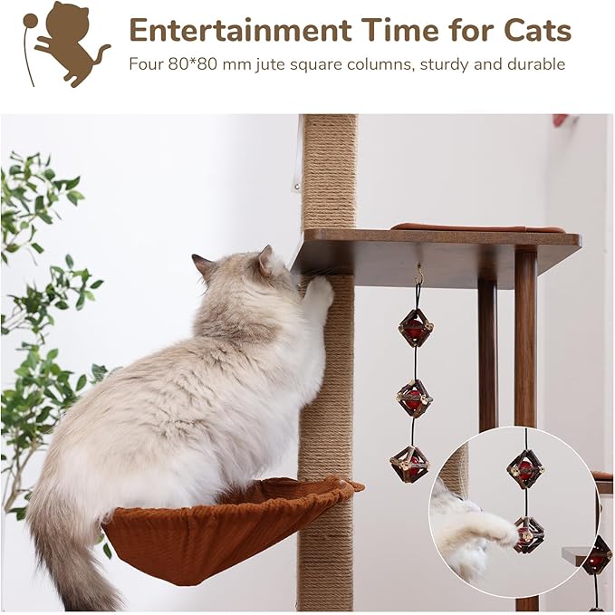 FUKUMARU Cat Tree, 4 in 1 Large Modern Cats Tower with Jute Scratching Post and Hammock, Wood Cat Condo with silvervine Balls, Brown Cat Climber Stand Playhouse for Indoor Cats, Retro Style-PurrikoPets