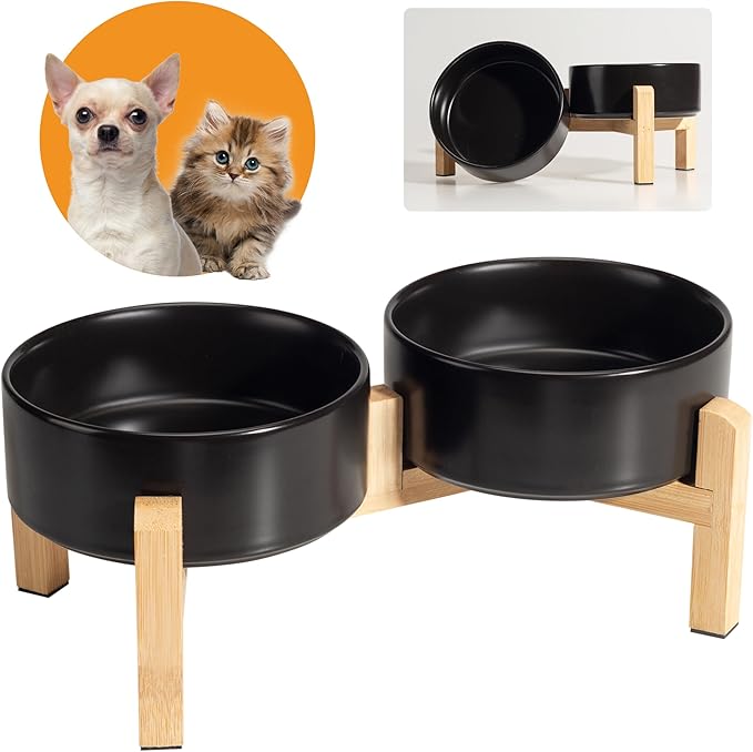 Elevated Ceramic Dog Bowl Set - Raised Feeding Bowls with Non-Slip Bamboo Stand - Small Pet Dishes for Food and Water - Ideal for Cats and Puppies - 16.23 OZ - 2 Cups - 480 ML-PurrikoPets