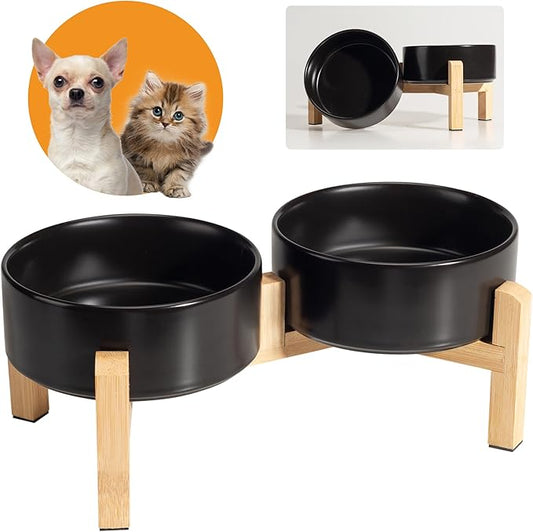 Elevated Ceramic Dog Bowl Set - Raised Feeding Bowls with Non-Slip Bamboo Stand - Small Pet Dishes for Food and Water - Ideal for Cats and Puppies - 16.23 OZ - 2 Cups - 480 ML-PurrikoPets