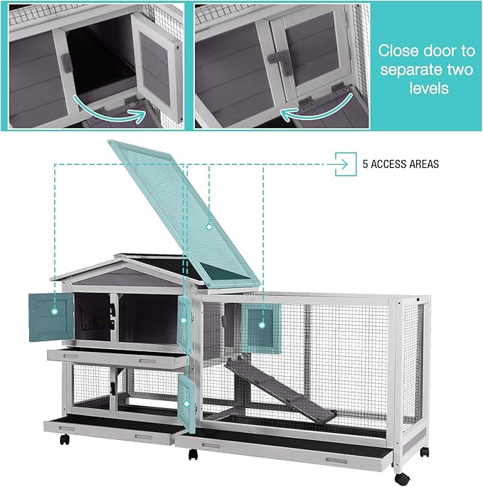 62" Rabbit Hutch with Chew-Proof Ramp & Waterproof Roof - Indoor/Outdoor Bunny Cage, 2-Story Design, 6 Lockable Caster Wheels & Dual Pull-Out Trays (Grey)-PurrikoPets