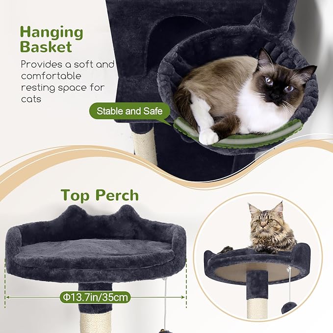 Globlazer Cat Tree, 70 inch Tall Scratching Tower Multi-Level Cat Condo for Indoor Multiple Cats with 2 Large Cat Caves, Top Perch, Large Platform, Bottom Swing, F70B, Dark Grey-PurrikoPets