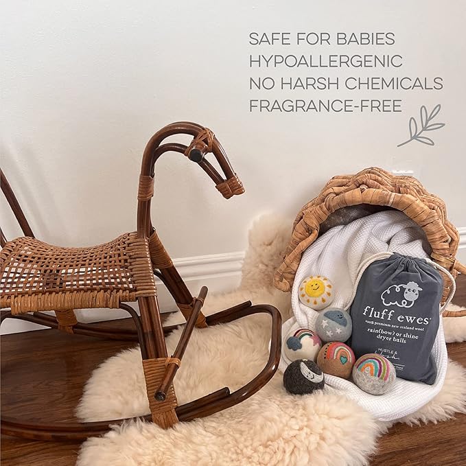 Fluff Ewes Wool Dryer Balls 6 Pack Premium New Zealand Wool Laundry Balls for Dryer, No Static Dryer Balls Laundry Reusable, XL Wool Dryer Balls Cute, Baby Dryer Balls for Dryers - Rainbow or Shine-PurrikoPets