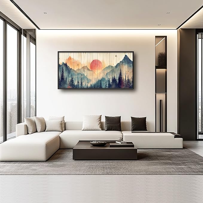 Framed Large Cabin Mountain Wall Art for Living Room, Oversized Rustic Forest Wall Decor, Rustic Nature Landscape Canvas Painting Sunset Pictures Home Decoration for Bedroom Office 60"x30"-PurrikoPets