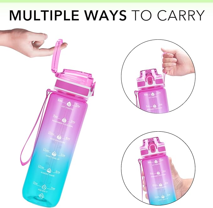 32oz Motivational Water Bottles with Time Marker & Fruit Strainer, Transparent Gradient Color Water Bottle with Times to Drink, Leakproof & BPA Free, Reusable Bottle with Strap (No Straw)-PurrikoPets