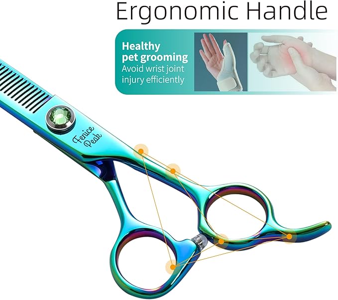 Fenice Peak 7'' Green Thinning Dog Grooming Scissors Pet Shears with Ergonomic Offest Handle and Simulated Emerald Screw 440C Grooming Scissors Trimming Shears Durable and Sharp-PurrikoPets