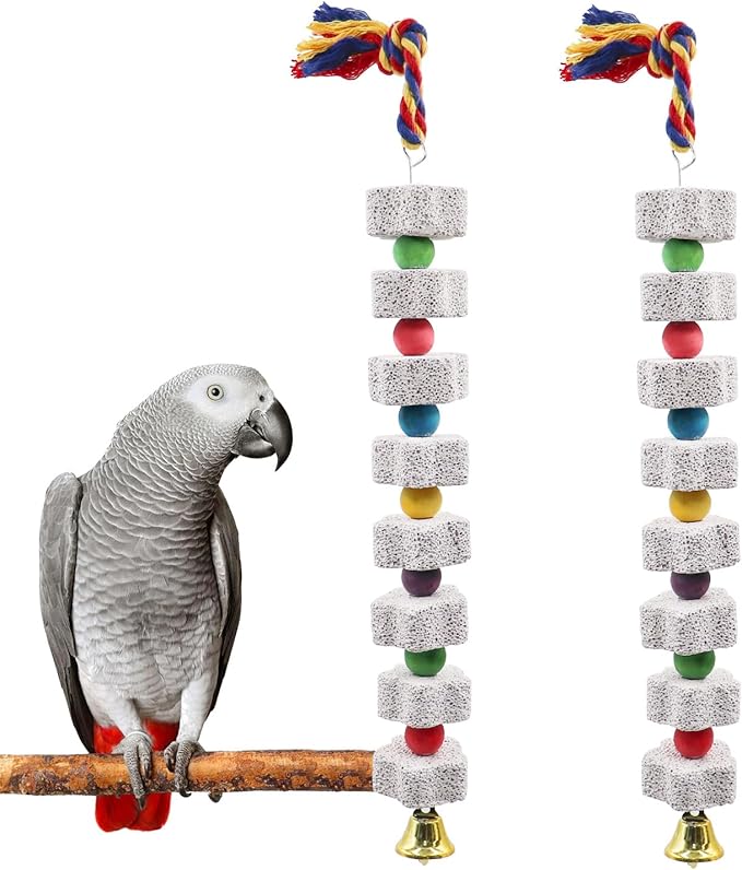 2 Pack Mineral Block Chew Toys with Colorful Beads and a Bell, Bird Beak Grinding Stone, Cage Accessories for African Grey, Budgies, Cockatiels, Small to Medium Birds-PurrikoPets