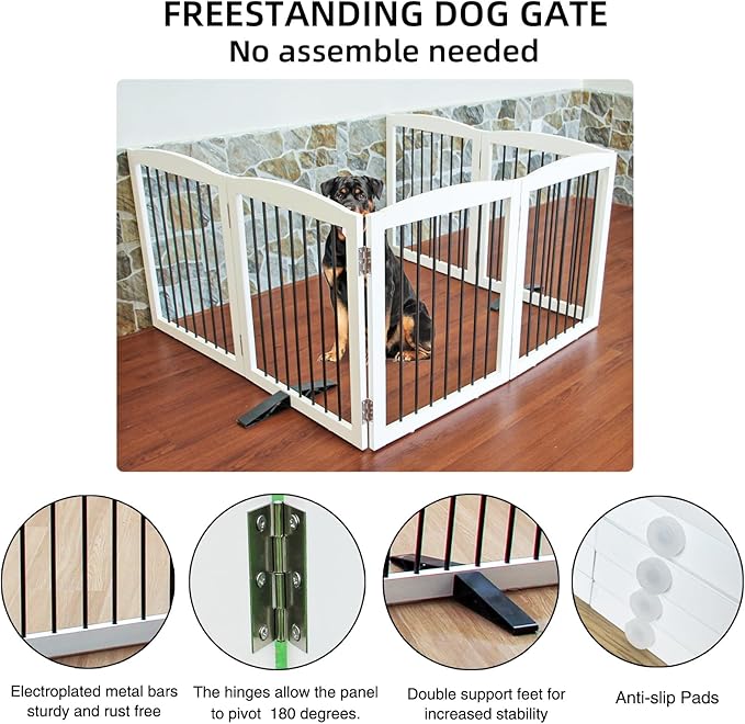 Freestanding Panel Dog Gate for Indoor, Doorways,Stairs, or Hallways,Foldable Wooden Dog Gates for House,Pet Gate for Dogs,Dog Fence, Puppy Gate,Support Feet Included,32 "Height-6 Panels,White-PurrikoPets