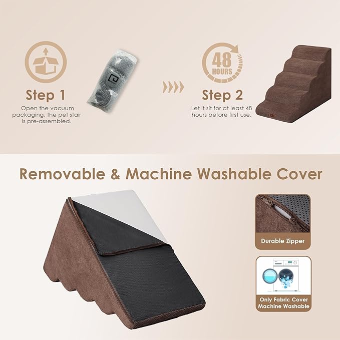 EHEYCIGA Curved Dog Stairs Ramp for High Beds, 5-Step Extra Wide Dog Steps for Small Dogs and Cats, Pet Stairs for High Bed Climbing, Non-Slip Balanced Pet Step Indoor, Brown-PurrikoPets