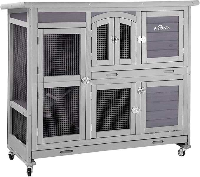 Aivituvin 47" Two Story Rabbit Hutch Bunny Cage with Wheels, Indoor Outdoor Guinea Pig Cage with 2 Deep No Leak Tray-PurrikoPets