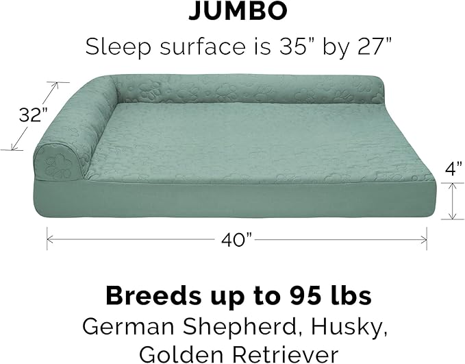 Furhaven Cooling Gel Dog Bed for Large Dogs w/ Removable Bolsters & Washable Cover, For Dogs Up to 95 lbs - Pinsonic Quilted Paw L Shaped Chaise - Iceberg Green, Jumbo/XL-PurrikoPets