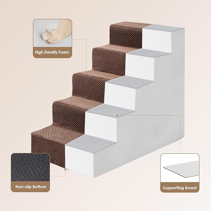 EHEYCIGA Dog Stairs for High Bed 22.5" H, 5-Step Dog Steps for Bed, Pet Steps for Small Dogs and Cats, Non-Slip Balanced Pet Ramp Indoor, Brown-PurrikoPets