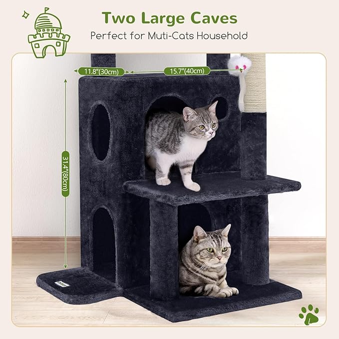 Globlazer Cat Tree Tower for Indoor Cats, 50-inch Adult Cat Tree House for Large Adult Cats with Steps, Scratching Post, 2 Cat Caves, Dangling Toys, FC50, Dark Grey-PurrikoPets