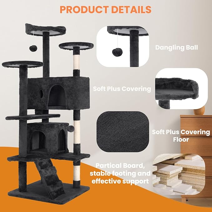 54.7 inches Cat Tower for Indoor Cats, Multi-Level Cat Condos with Scratching Posts, Hanging Toys, Dark Gray-PurrikoPets