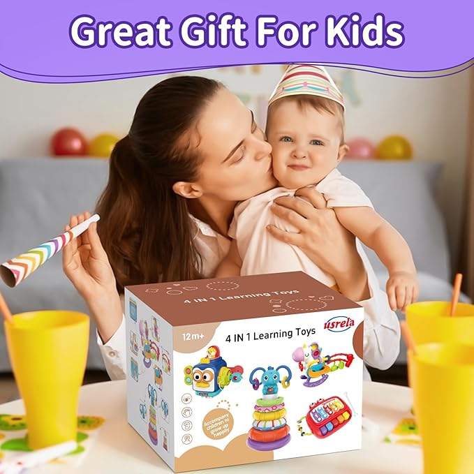 4 in 1 Baby Toys for 6 12 18 Month, Learning Toys for Babies 6-12 Months, Busy Cube, Stacking Sorter, Piano Xylophone Pull String Travel Toy, Birthday Gifts for Toddlers 1 2 Years Old-PurrikoPets
