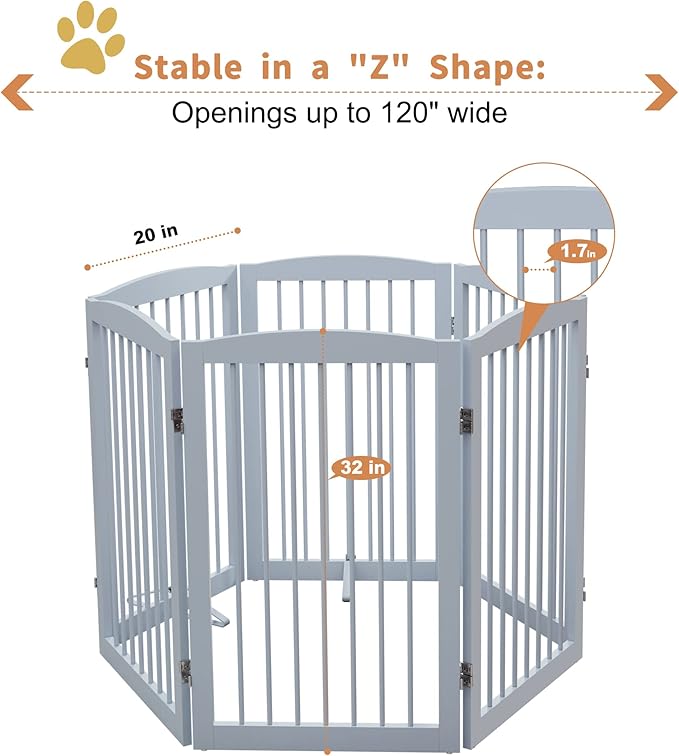 Freestanding Pet Gate for Dogs, Indoor Wooden Foldable Dog Gate for House, Extra Wide, Pet Fence for Stairs, Doorways, Halls, Support Feet Included, 120 Inch Wide, 6 Panels 32",Grey-PurrikoPets