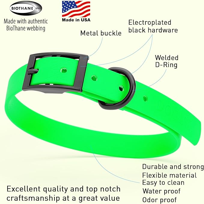 Dogline Biothane Waterproof Dog Collar Strong Coated Nylon Webbing with Black Hardware Odor- Proof for Easy Care Easy to Clean High Performance Fits Small Medium or Large Dogs, Tropical Green-PurrikoPets