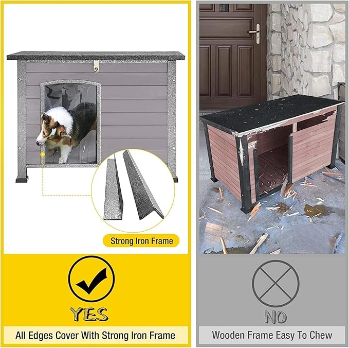 Aivituvin Dog House Outdoor Indoor Weatherproof Dog House for Small & Medium & Large Dogs with Unique All-Around Iron Frame＆Raised Feet（Grey）-PurrikoPets