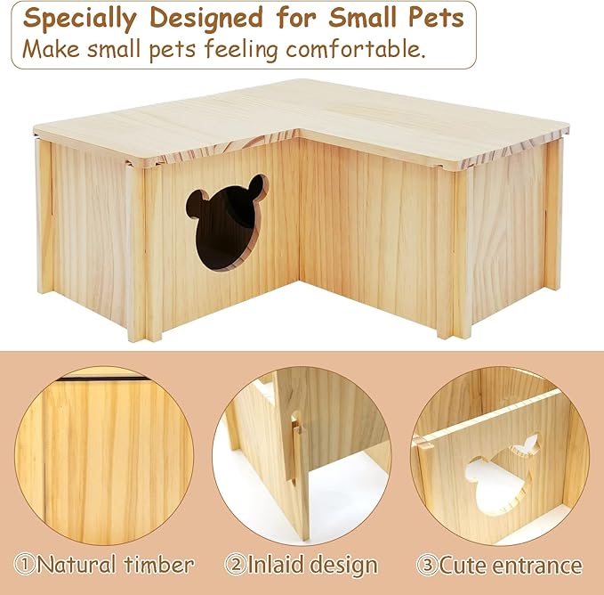 Fhiny Wooden Hamster House, Multi-Chamber Hamster Hideout & Tunnel Detachable Activity Room Exploring Toys Rats Habitat Decor for Dwarf Hamsters Gerbils Mice Lemmings (Small)-PurrikoPets