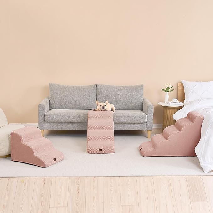 EHEYCIGA Curved Dog Stairs Ramp for High Beds 19.7" H, 4-Step Dog Steps for Small Dogs and Cats, Pet Stairs for High Bed Climbing, Non-Slip Balanced Pet Step Indoor, Dusty Pink-PurrikoPets