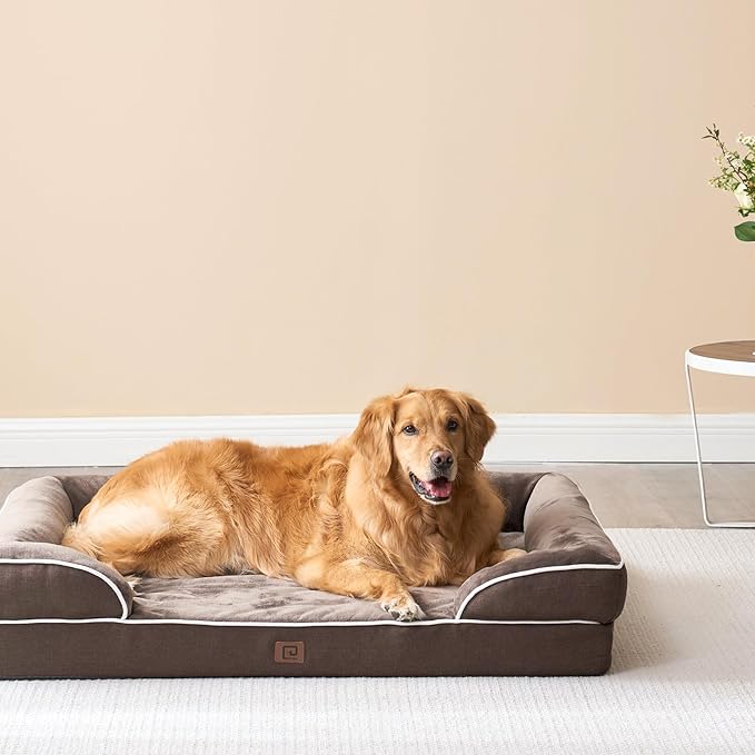 EHEYCIGA Orthopedic Dog Beds for Extra Large Dogs, Waterproof Memory Foam XL Dog Bed with Sides, Non-Slip Bottom and Egg-Crate Foam Big Pet Couch Bed with Washable Removable Cover, Brown-PurrikoPets