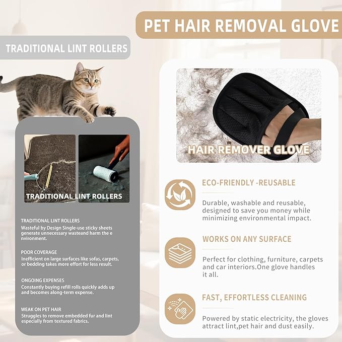 2𝑷𝒄𝒔 Pet Hair Removal Glove for Cats & Dogs, Newly Pro Five-Finger Electrostatic Pet Hair Remover Gloves, Reusable & Washable Magic Brush Pet Hair Removal Tool for Couch, Clothing, Carpet, Car Seat-PurrikoPets