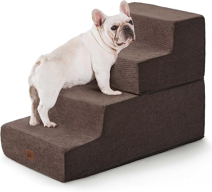 Dog Stairs for High Bed, Dog Steps for Bed Couch Sofa, 35D Foam Extra Wide Pet Steps for Small Dogs and Cats, Pet Stairs with Non-Slip Bottom Brown, 4 Steps-PurrikoPets