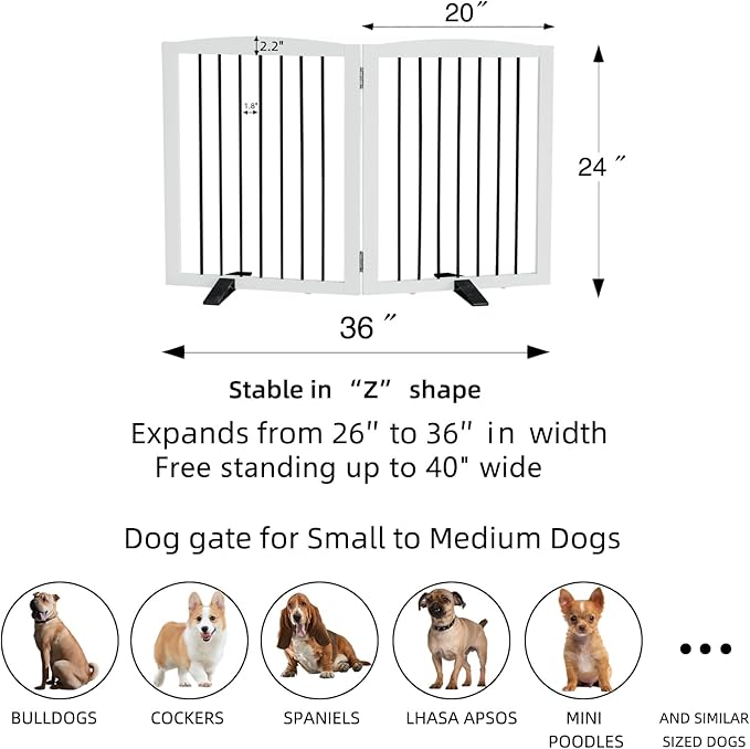 Freestanding Panel Gate for Indoor Doorways, Stairs, or Hallways, Foldable Wooden Gate for Dogs, Support Feet Included, 24" Height - 2 Panels, White-PurrikoPets