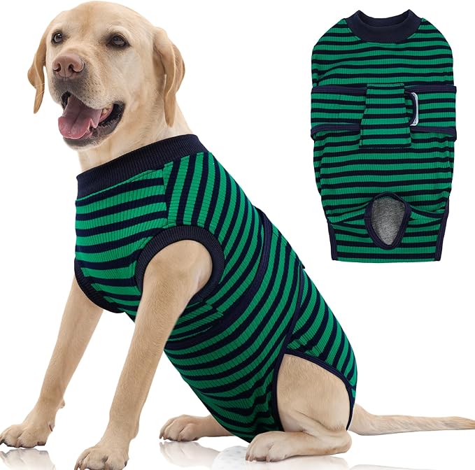 FUAMEY Recovery Suit for Dogs After Surgery,Soft Breathable Dog Bodysuit E-Collar & Cone Alternative Surgical Suit,Male Female Dog Neuter Spay Suits Anti Licking Wounds Onesie Green Black Stripes L-PurrikoPets