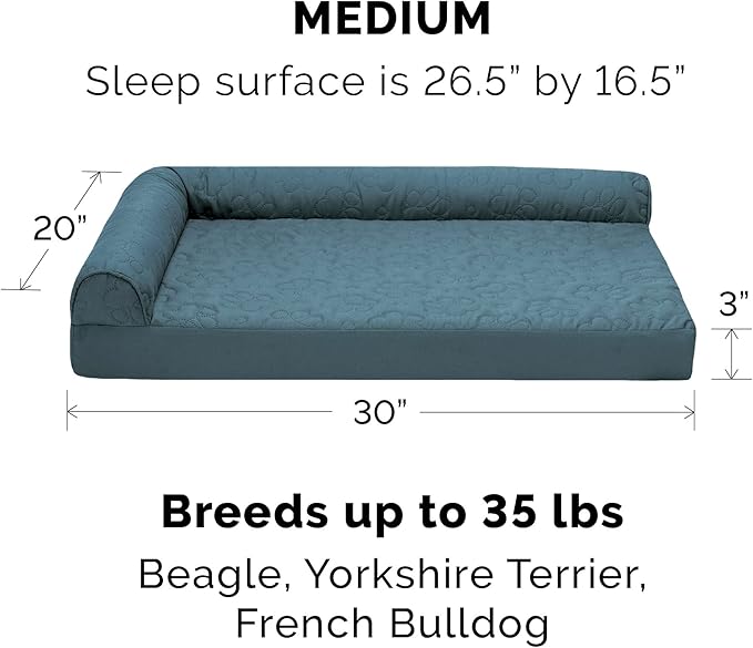 Furhaven Cooling Gel Dog Bed for Medium/Small Dogs w/ Removable Bolsters & Washable Cover, For Dogs Up to 35 lbs - Pinsonic Quilted Paw L Shaped Chaise - Bluestone, Medium-PurrikoPets