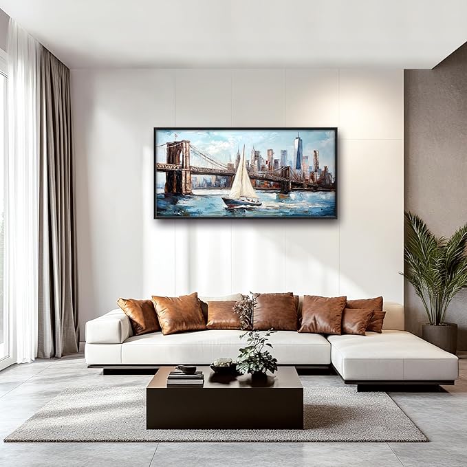 Extra Large Sailboat Framed Wall Art for Living Room,Oversized New York Brooklyn Bridge Pictures Wall Decor,Cityscape Canvas Print Painting Modern Artwork Bedroom Office Bathroom 60L" x 30W"-PurrikoPets
